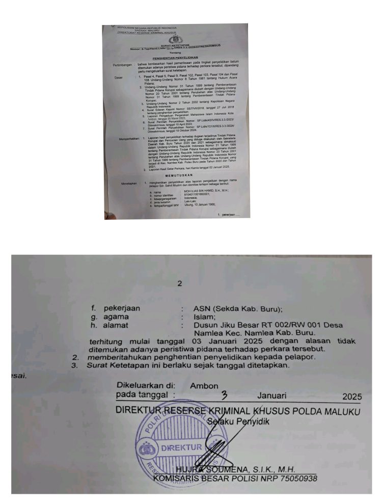 Tak Terbukti, Polda Hentikan Penyelidikan Laporan Dugaan Korupsi dan Pencucian Uang di Kabupaten Buru